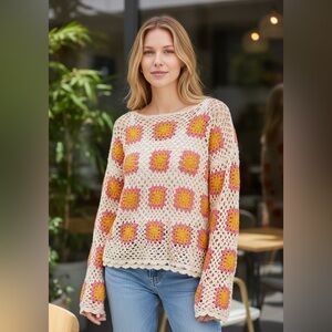 NWT CHARLIE B Crochet Sweater with Pink and Yellow Accents